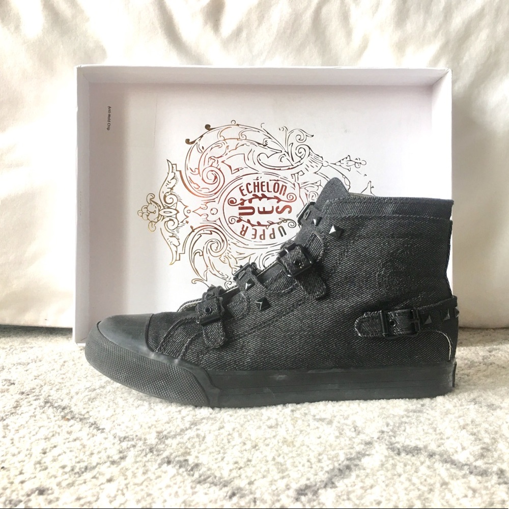 Black Denim Hightop Sneaker with Studded Strap